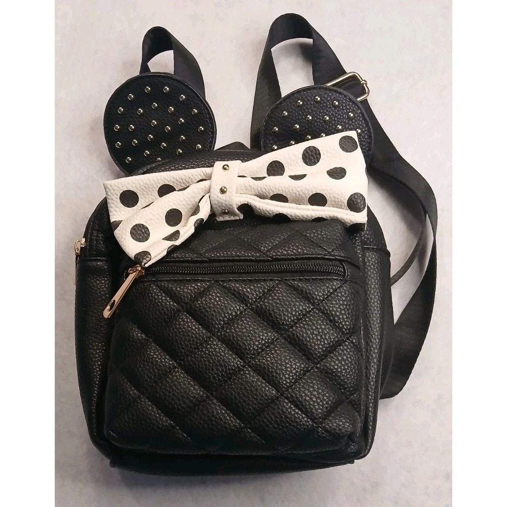 Black Quilted Mini Backpack Studded Mouse Ears Bow Womens Small Purse Bag